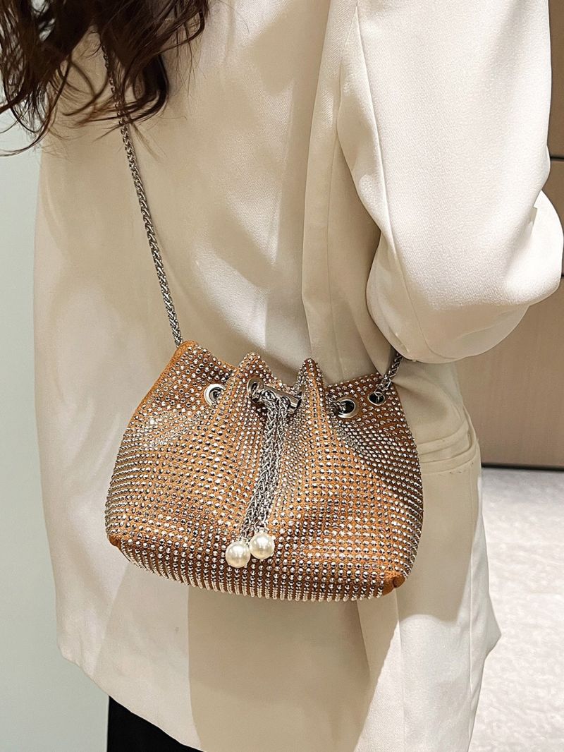 Mini Rhinestone Decor Drawstring Design Chain Bucket Bag