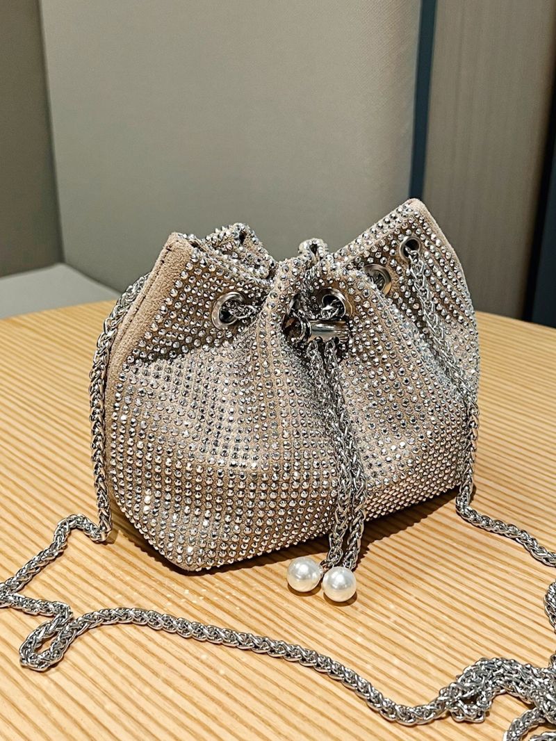 Mini Rhinestone Decor Drawstring Design Chain Bucket Bag