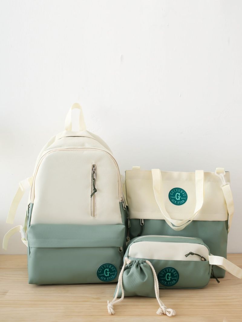 4pcs Two Tone Letter Patch Decor Classic Backpack Set