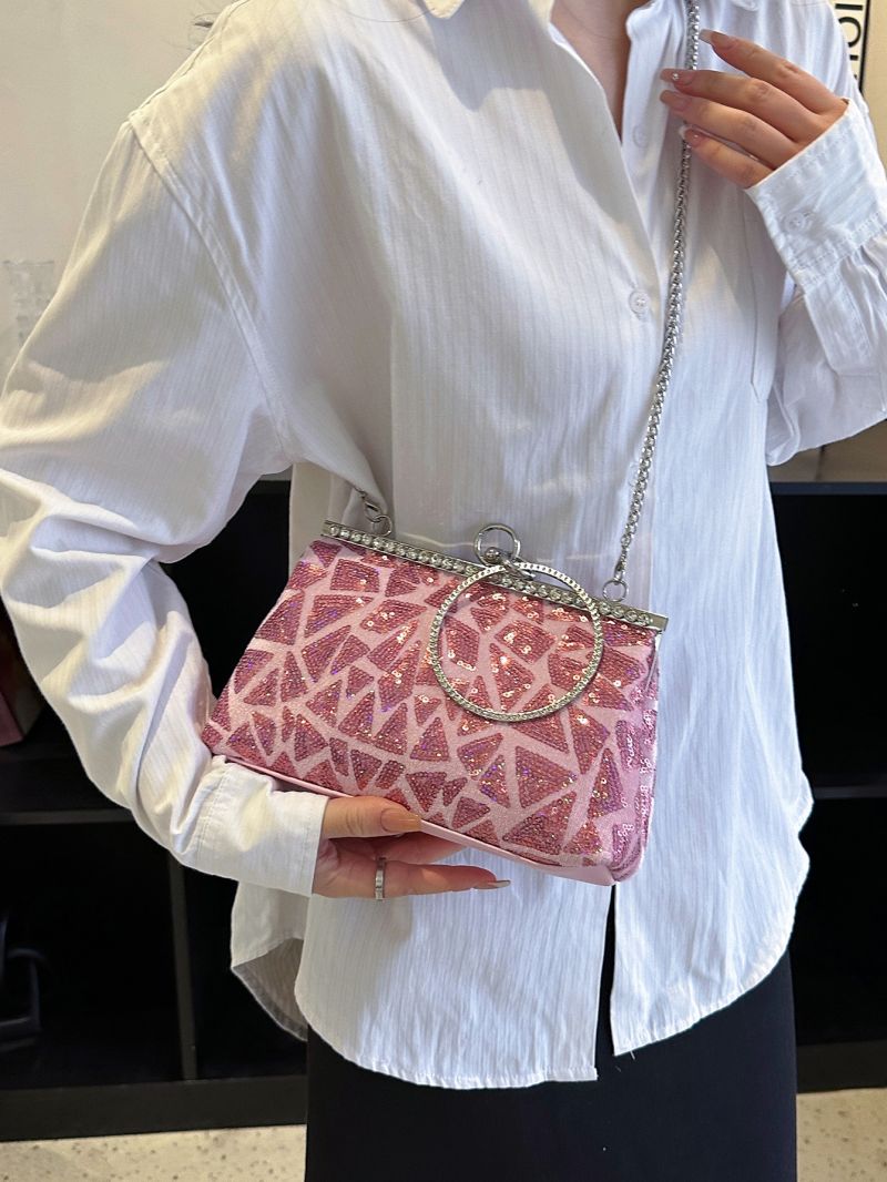 Sequins Detail Ring Decor Kiss Lock Square Bag