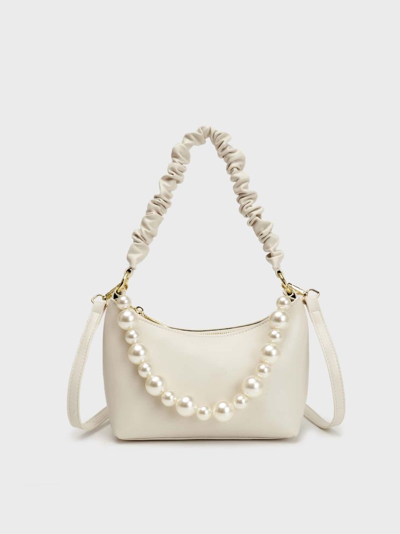 Faux Pearl Decor Ruched Detail Hobo Bag