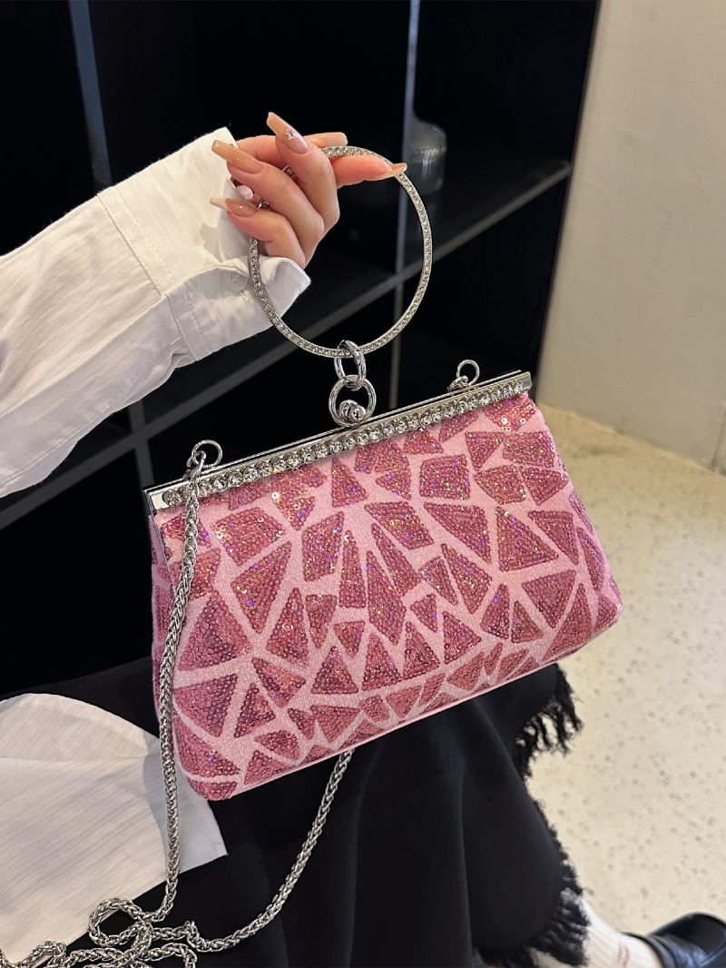 Sequin Rhinestone Decor Kiss Lock Chain Evening Bag