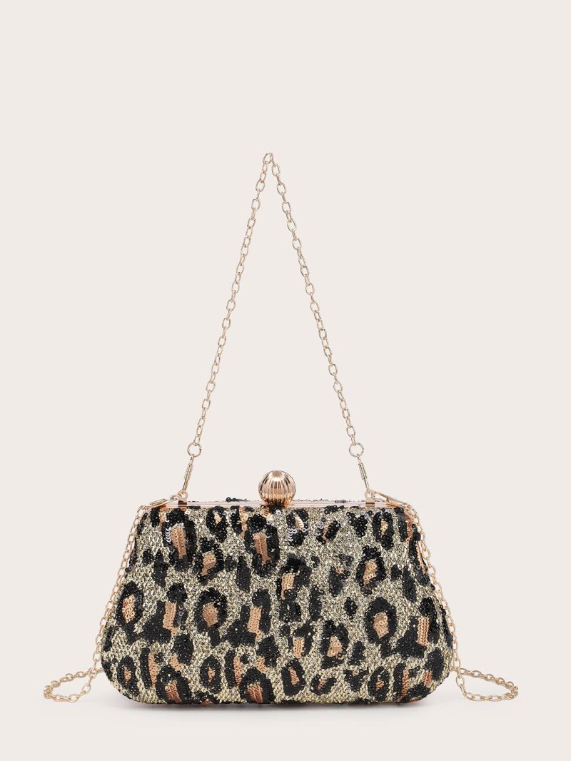 Leopard Pattern Sequin Decor Chain Box Bag