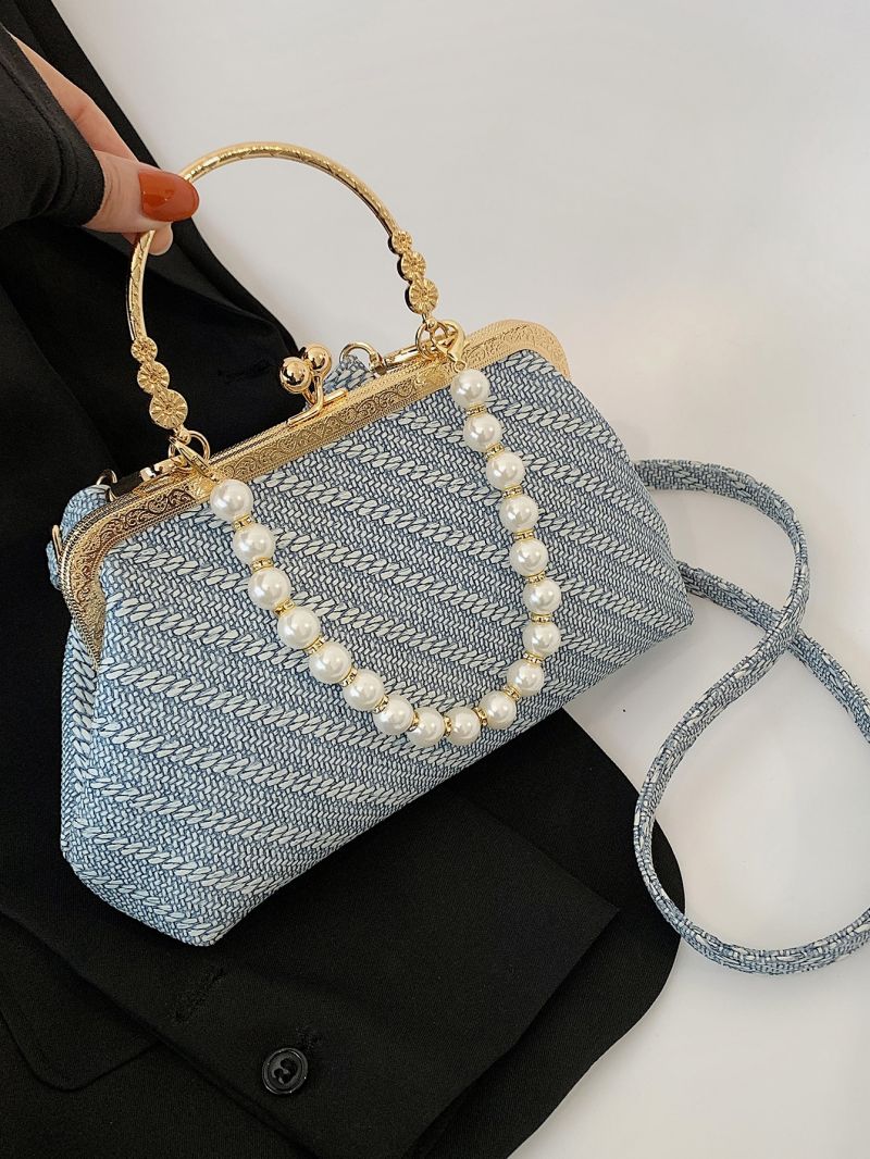 Faux Pearl Decor Kiss Lock Satchel Bag