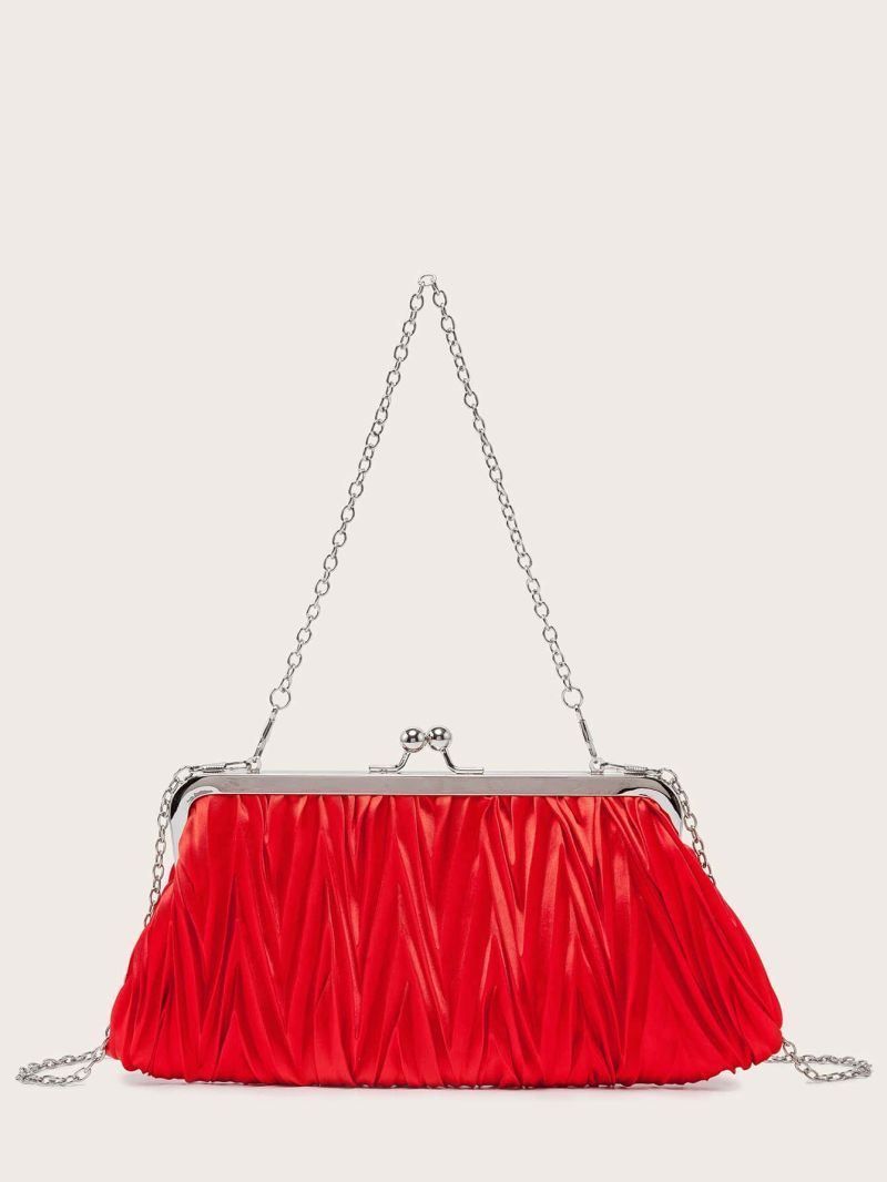 Kiss Lock Ruched Design Chain Satin Evening Bag