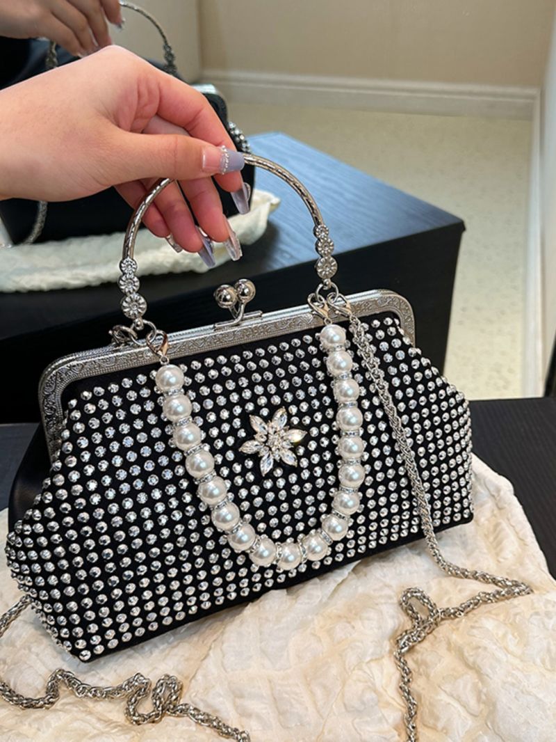 Rhinestone & Faux Pearl Decor Kiss Lock Chain Satchel Bag