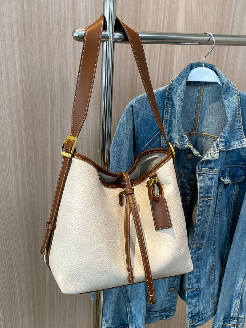 Litchi Embossed Buckle Decor Bucket Bag