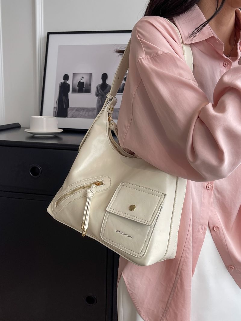 Letter Graphic Flap Pocket Hobo Bag