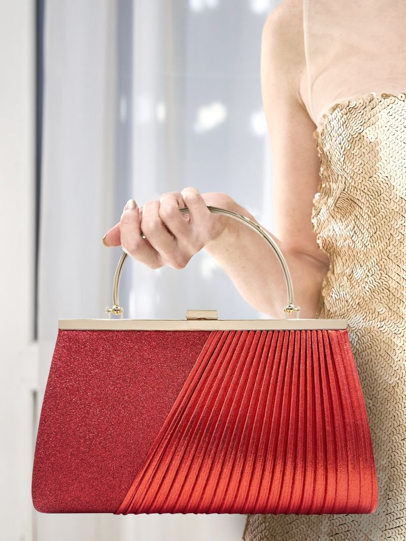 Neon Red Glitter Pleated Detail Square Bag