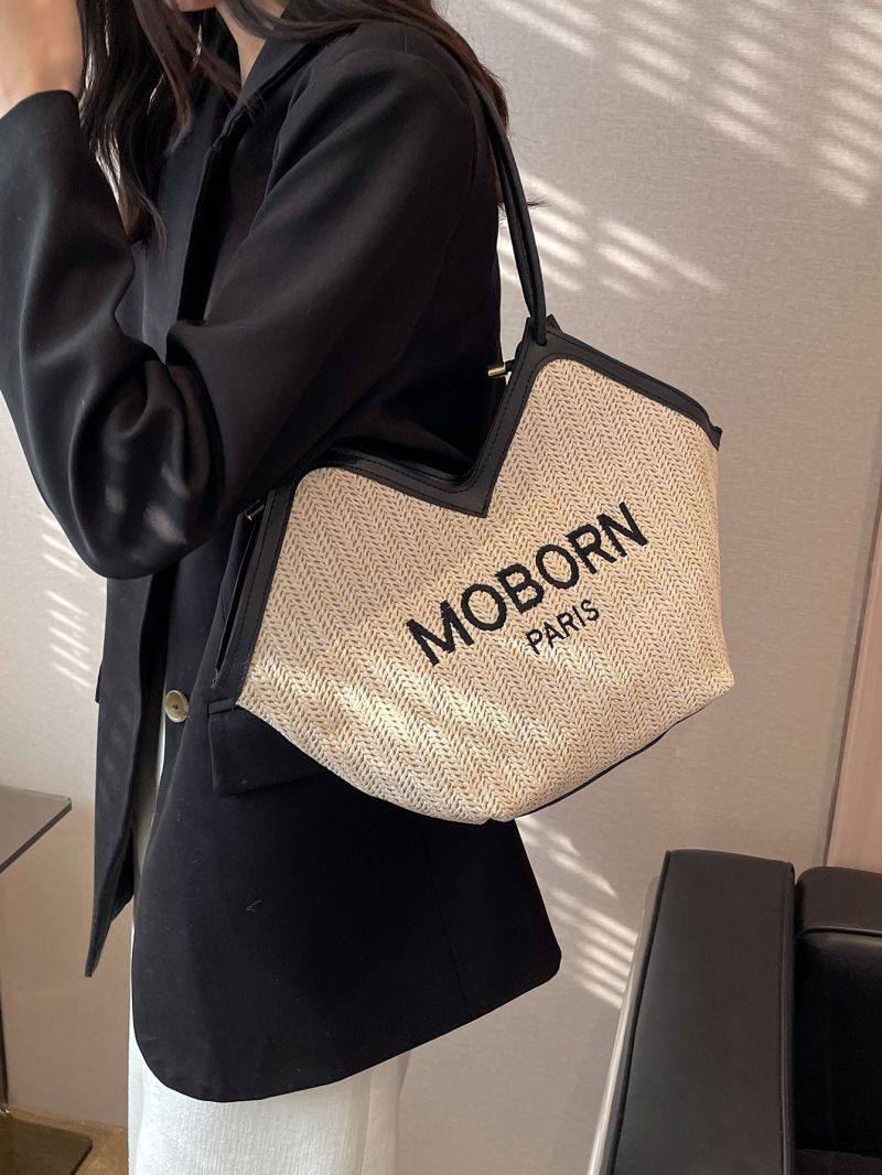 Letter Graphic Contrast Binding Straw Bag