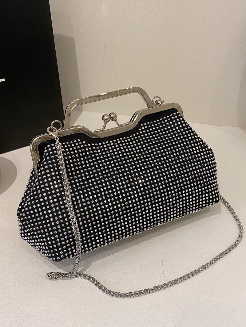 Rhinestone Decor Kiss Lock Chain Evening Bag