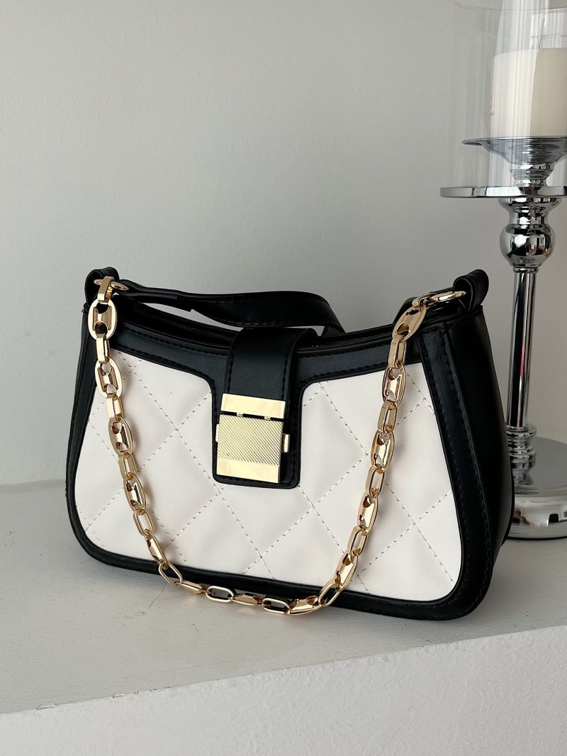 Two Tone Quilted Pattern Chain Hobo Bag