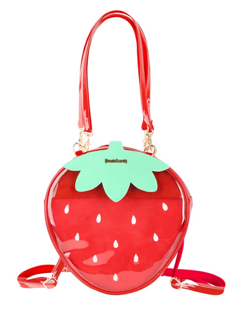 Letter Decor Novelty Bag Strawberry Design Zipper PU Fashionable