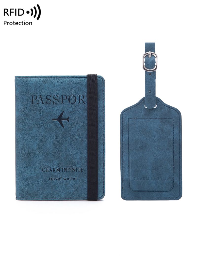 Plane & Letter Graphic Passport Case With Luggage Tag