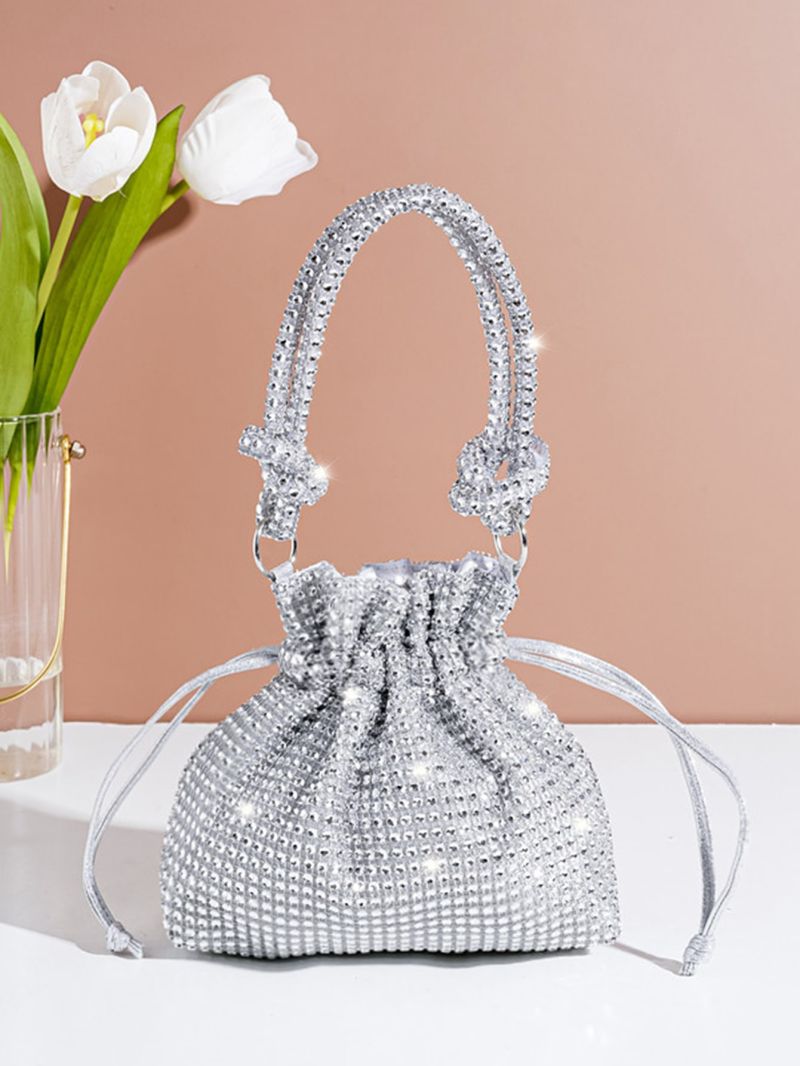 Mini Rhinestone Decor Drawstring Design Bucket Bag, Perfect Bride Purse For Wedding, Prom & Party Events
