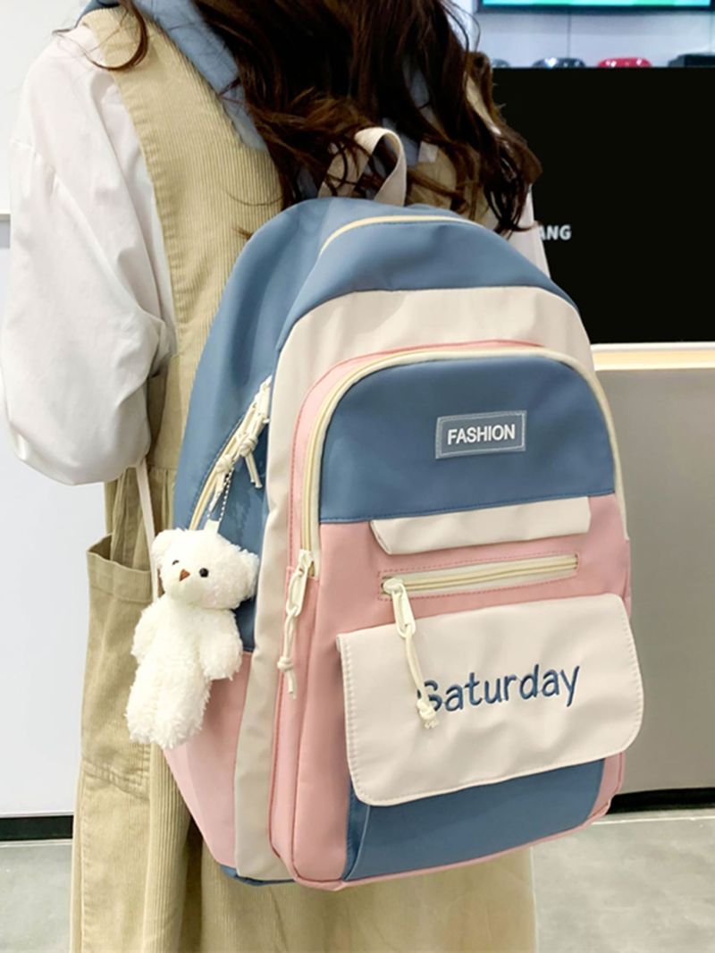 Colorblock Letter Graphic Classic Backpack With Bag Charm