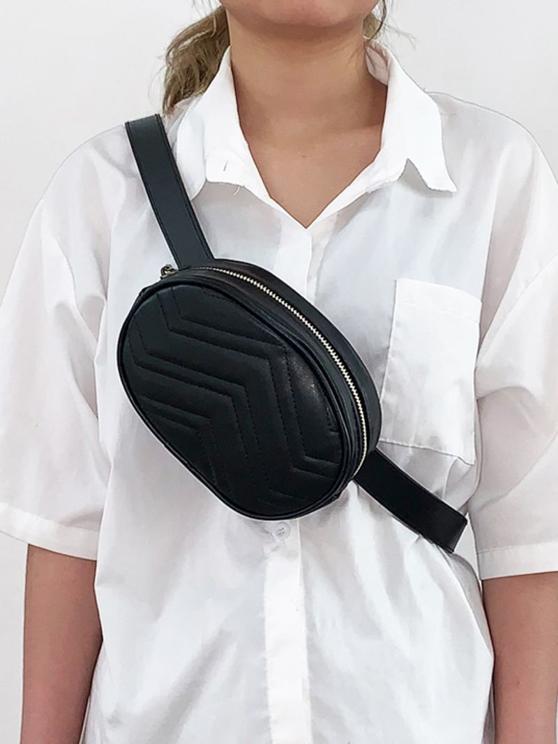 Quilted Detail Zipper Fanny Pack, Solid Color Crossbody Chest Bag, Casual Sling Purse For Street Wear Belt Bag