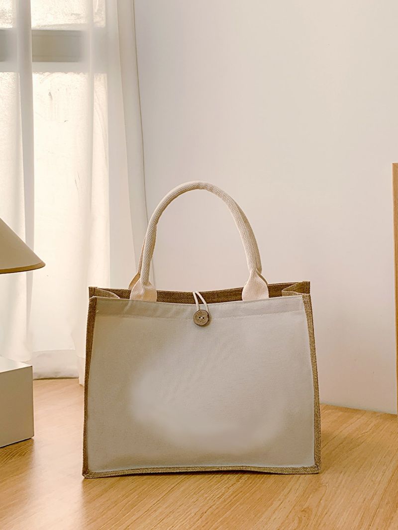 Small Shopper Bag Colorblock Button Decor Double Handle Canvas Tote Bag Gift For Mother