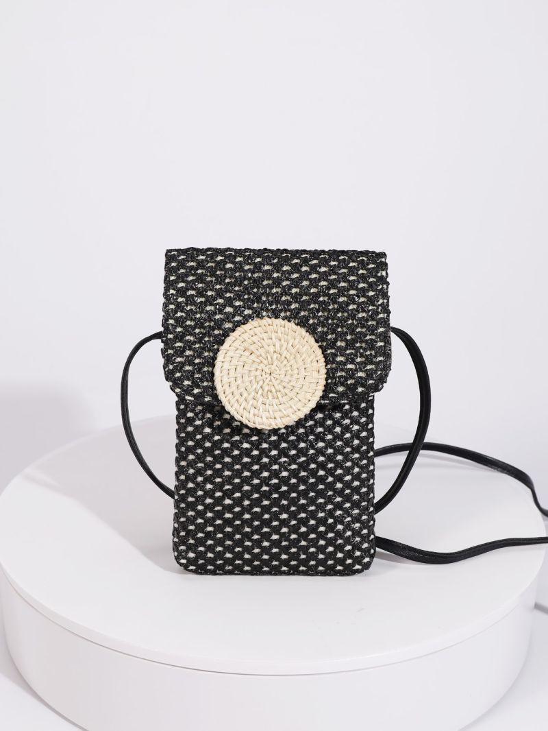 Colorblock Straw Bag Snap Button Phone Wallet For Vacation