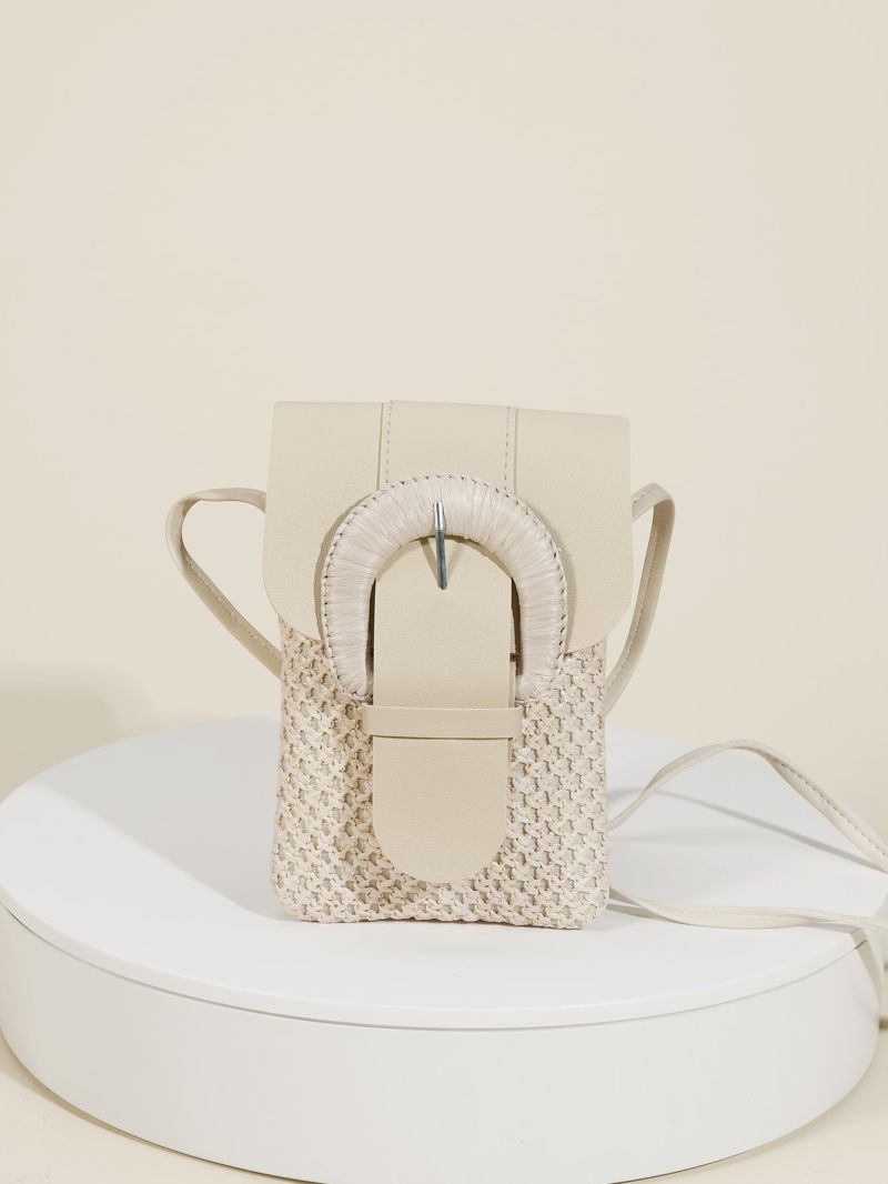 Mini Buckle Decor Flap Straw Bag