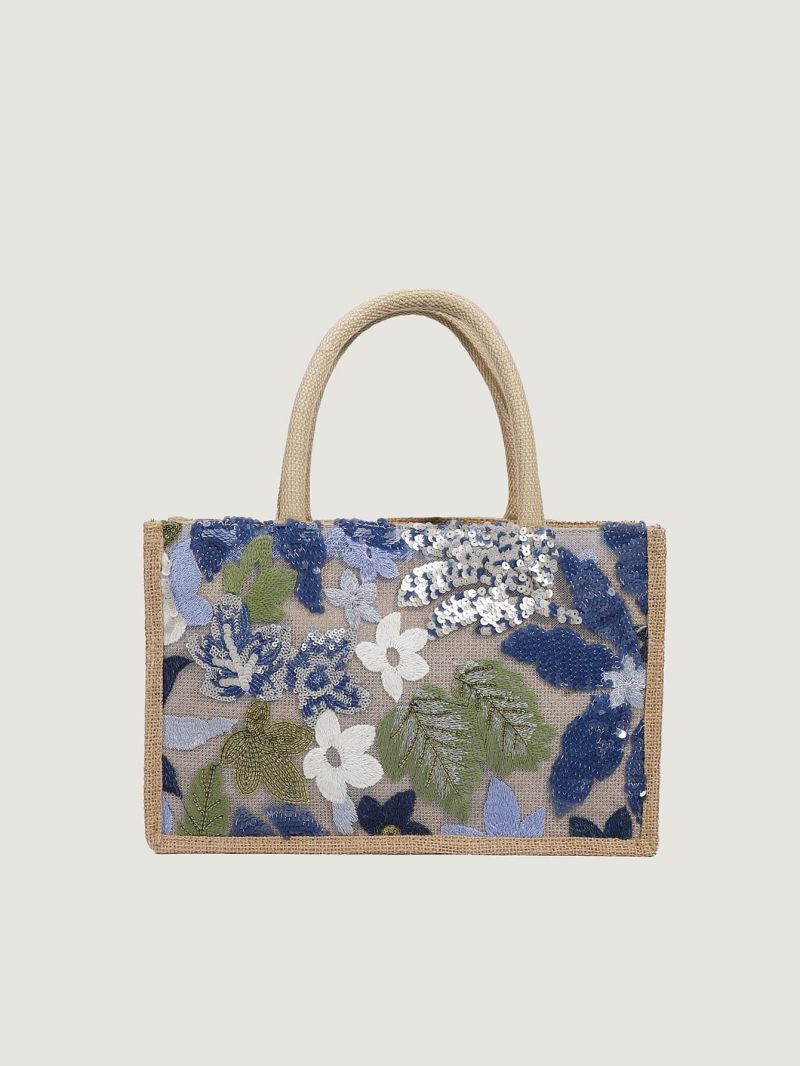 Small Shopper Bag Sequin Decor Random Floral Pattern