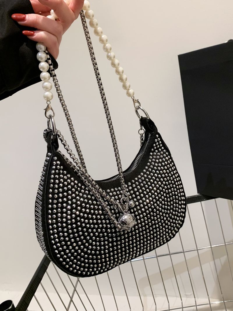 Studded & Faux Pearl Decor Chain Hobo Bag