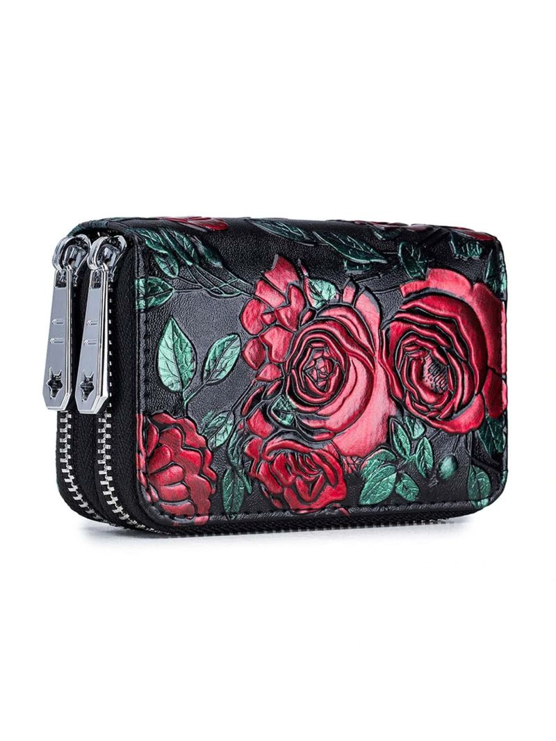 RFID Blocking Women Card Holder Split Genuine Leather Double Zipper Card Case Large Capacity 3D Flower Printed Lady Women Wallets Purse