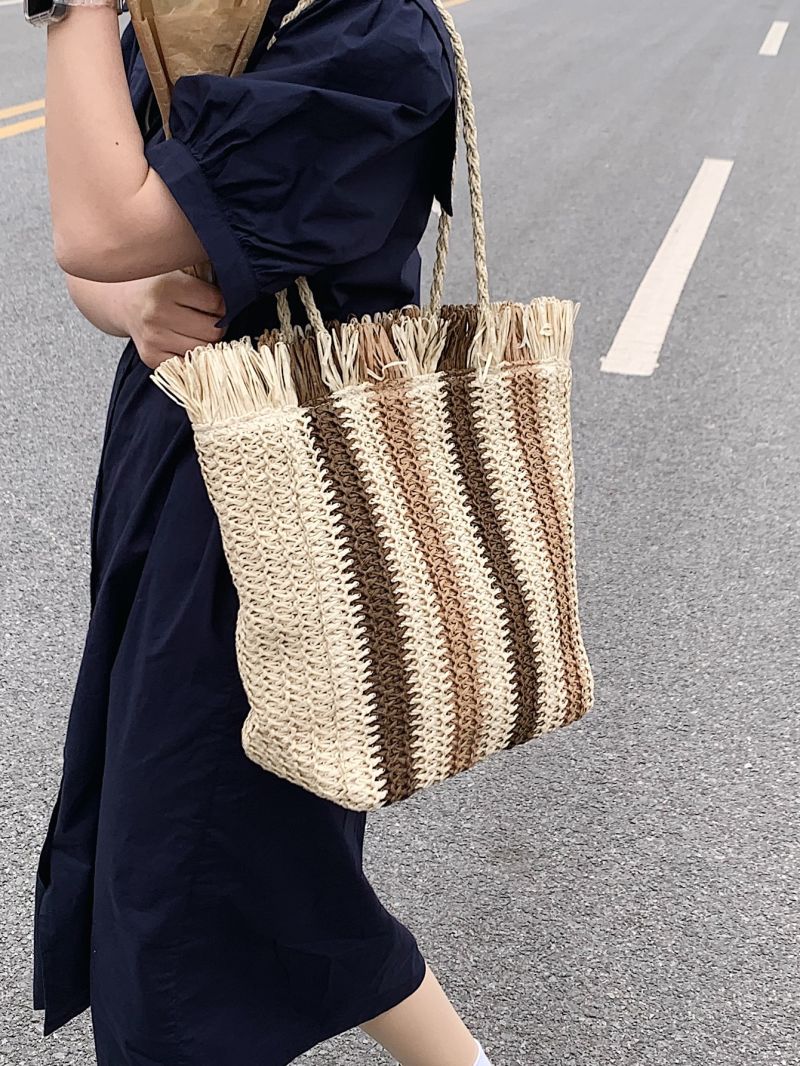 Colorblock Fringe Trim Straw Bag