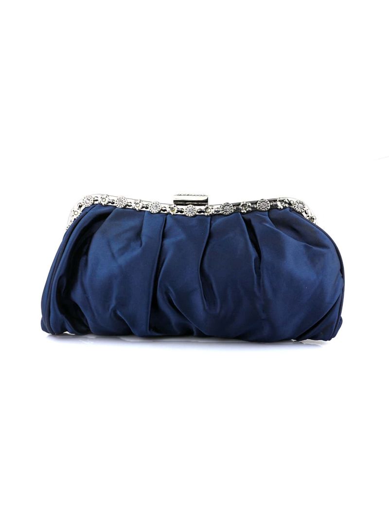 Satin Rhinestone Decor Ruched Bag Clip Top Evening Bag For Party