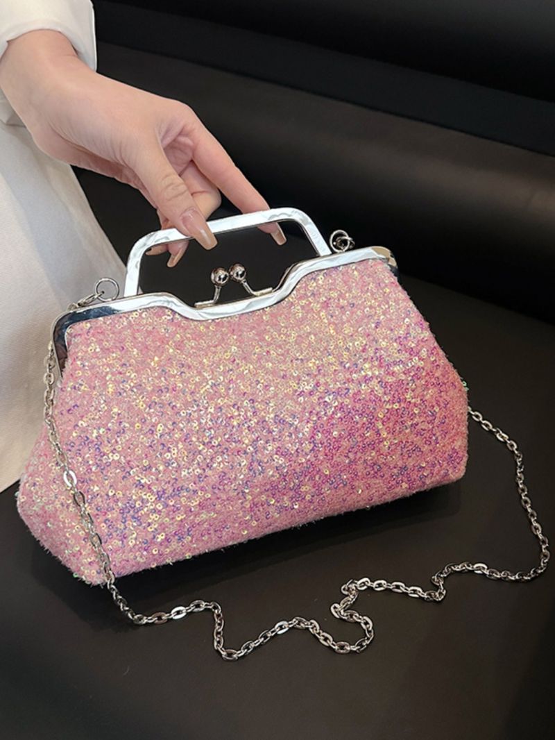 Sequin Square Bag Kiss Lock Evening Bag For Party
