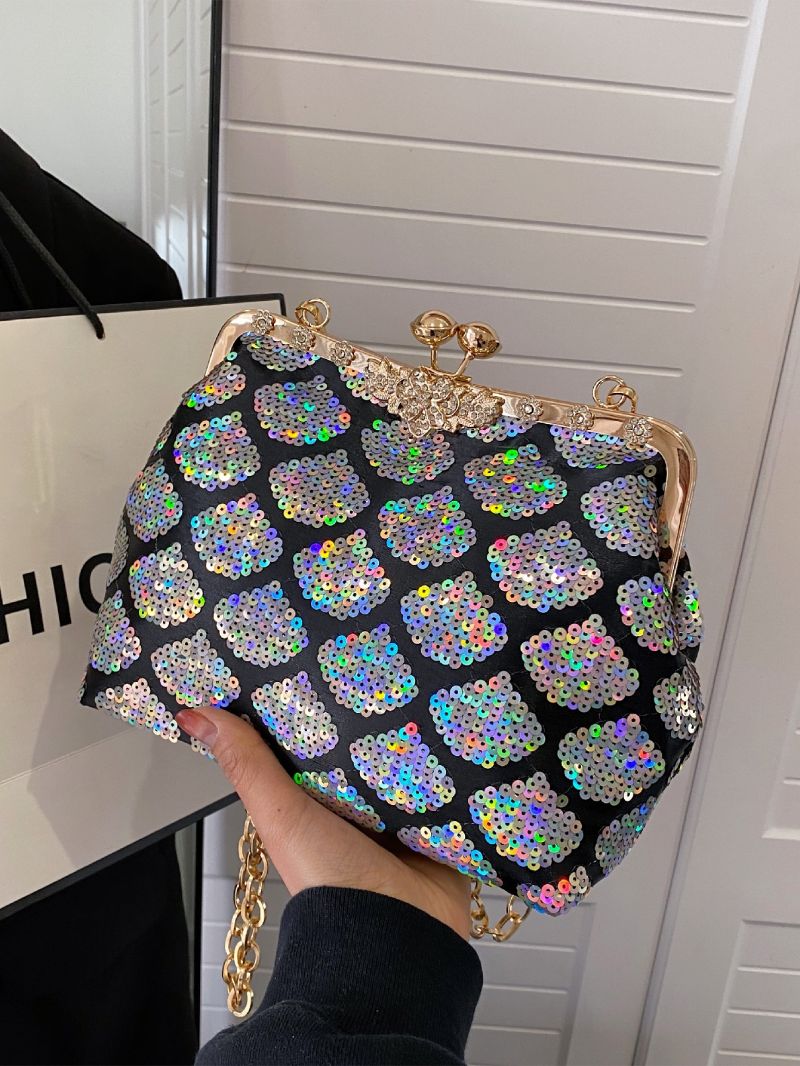 Mini Sequin Decor Kiss Lock Chain Square Bag