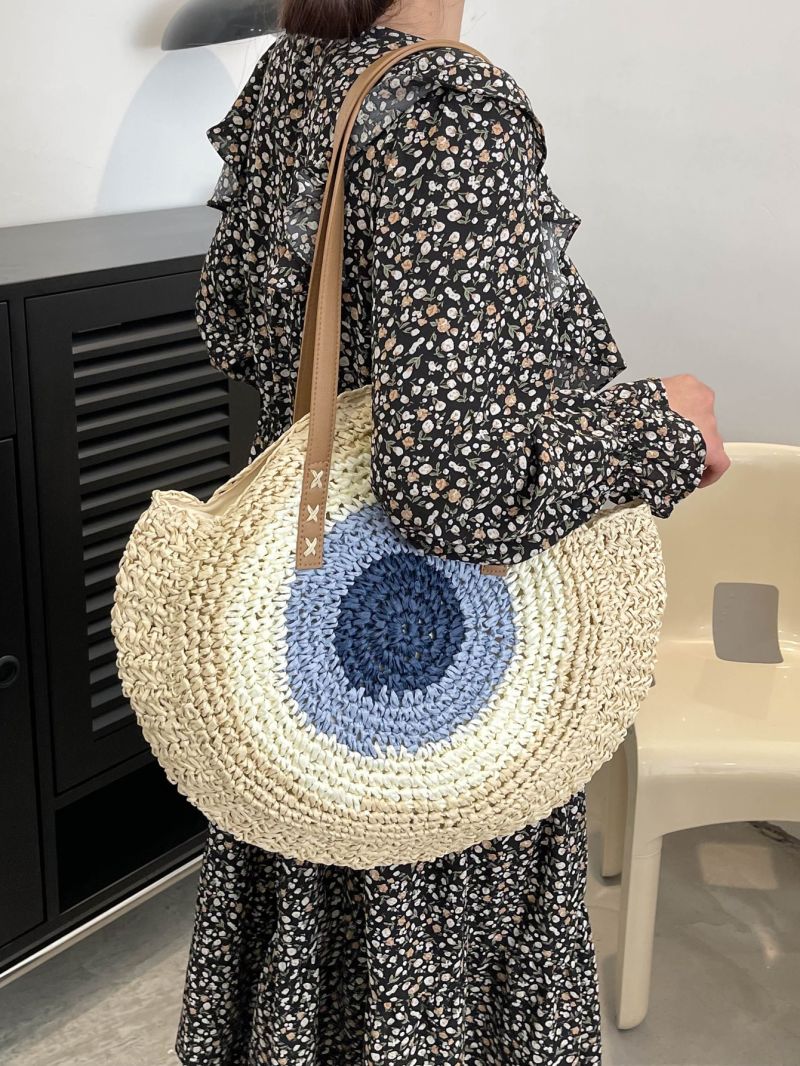 Color Block Large Capacity Straw Bag