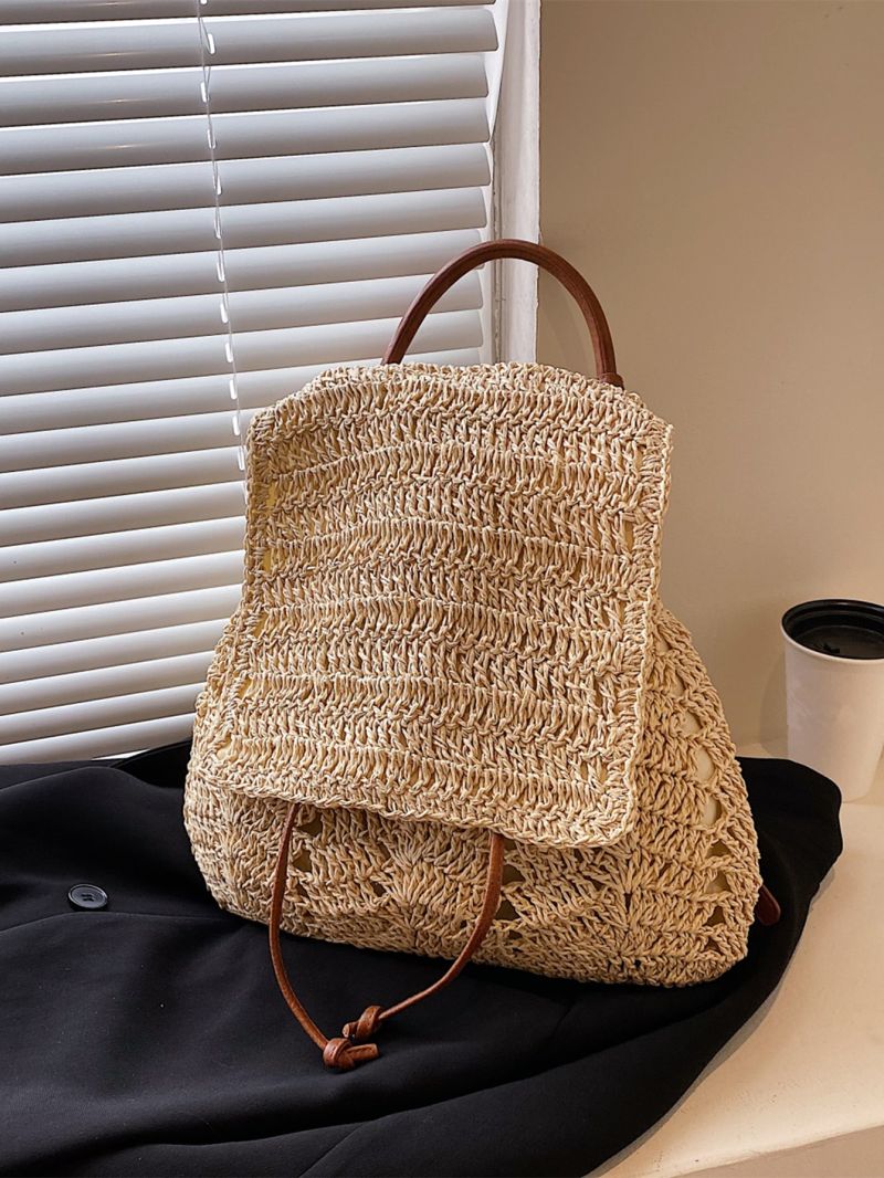 Drawstring Design Flap Straw Bag