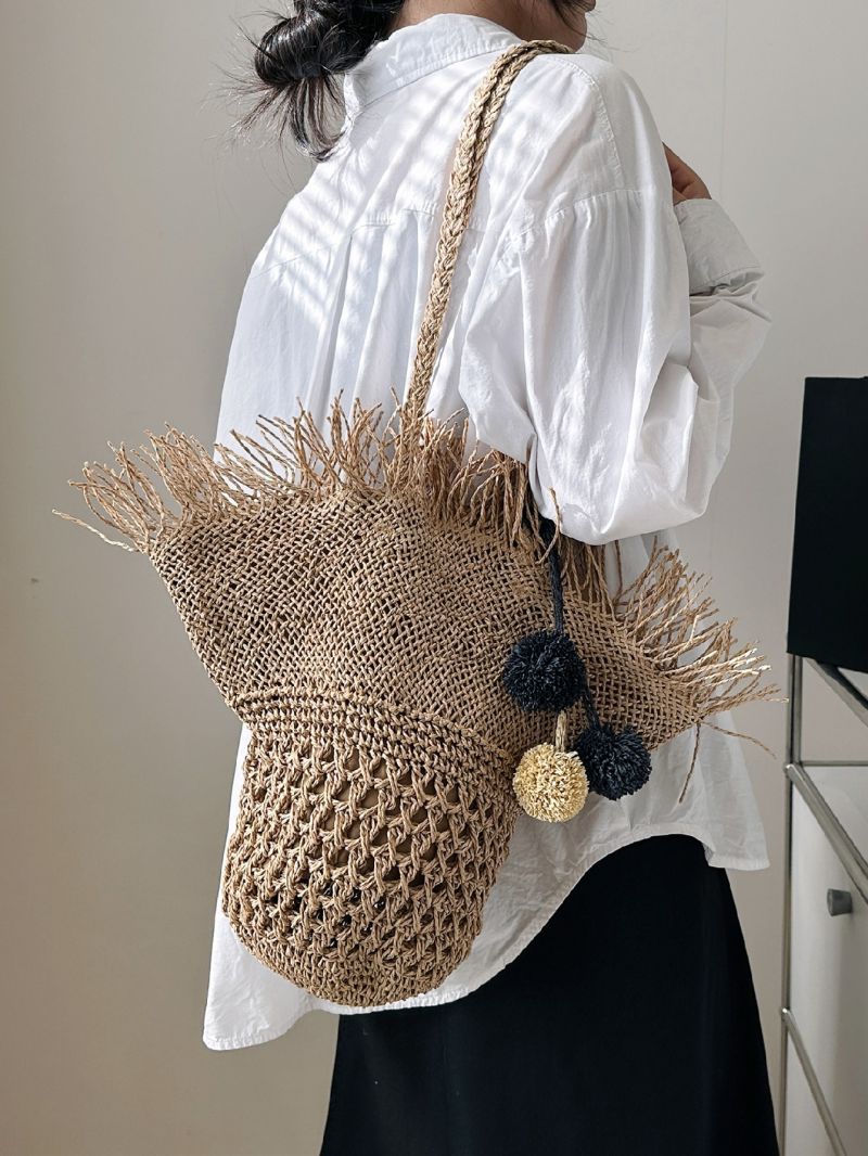 Pom Pom Decor Straw Bag