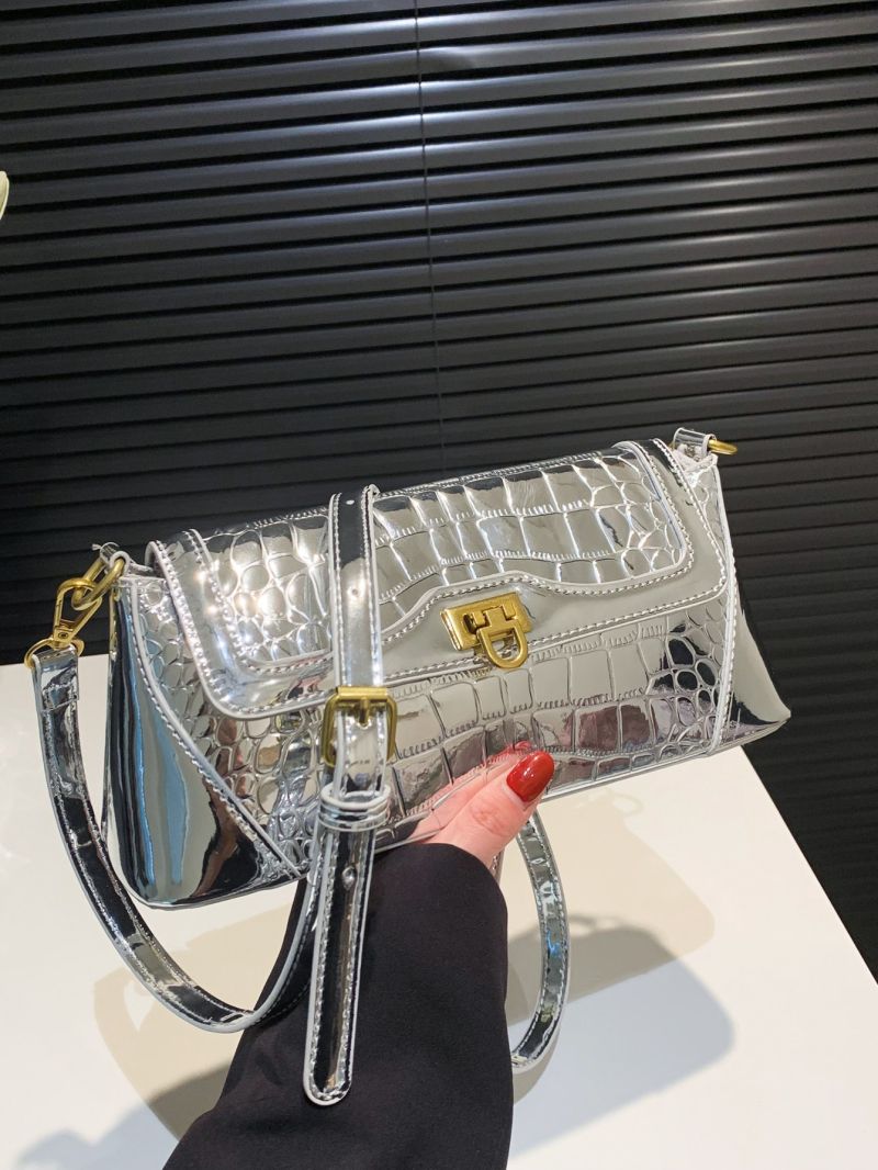 Metallic Crocodile Embossed Flap Baguette Bag