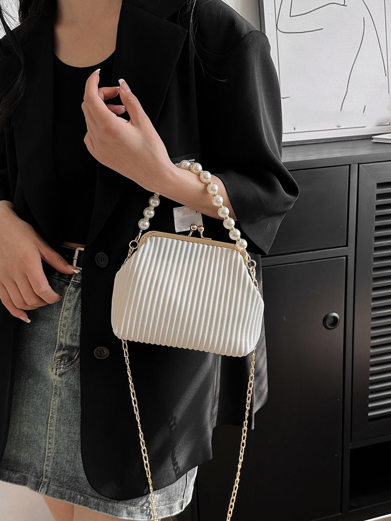 Faux Pearl Decor Kiss Lock Chain Satchel Bag
