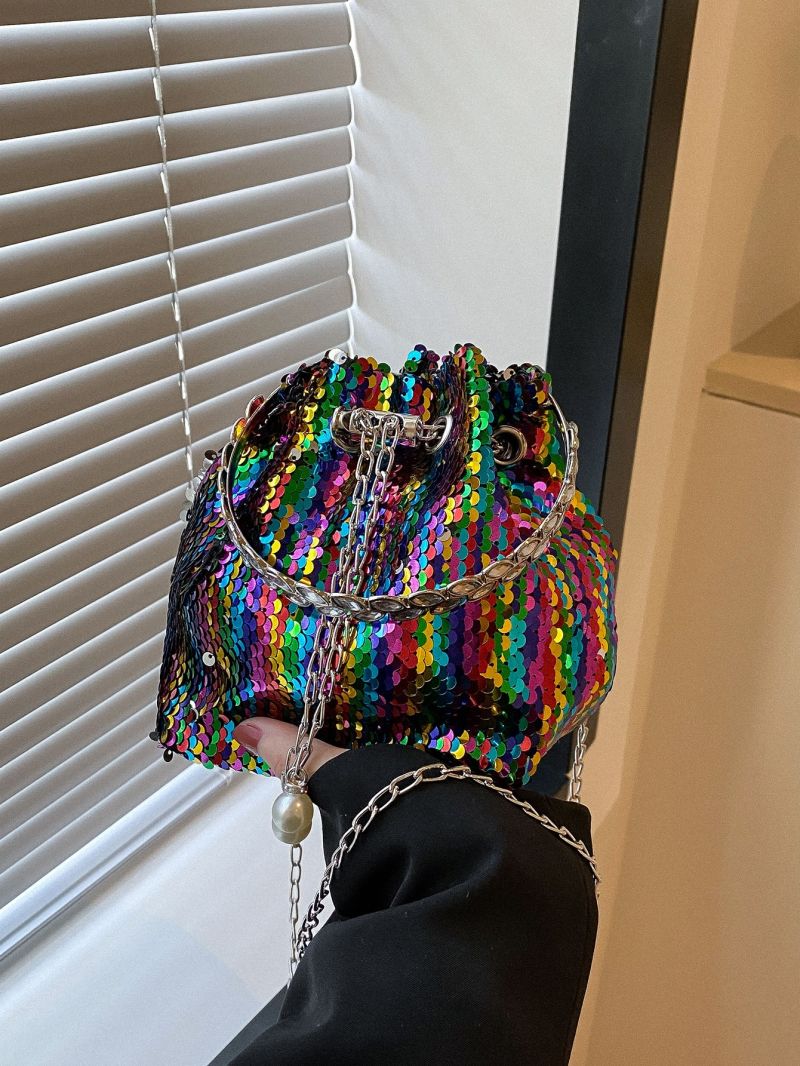Mini Color Sequin Pearl Chain Bucket Bag Handbag Diagonal Shoulder Bag