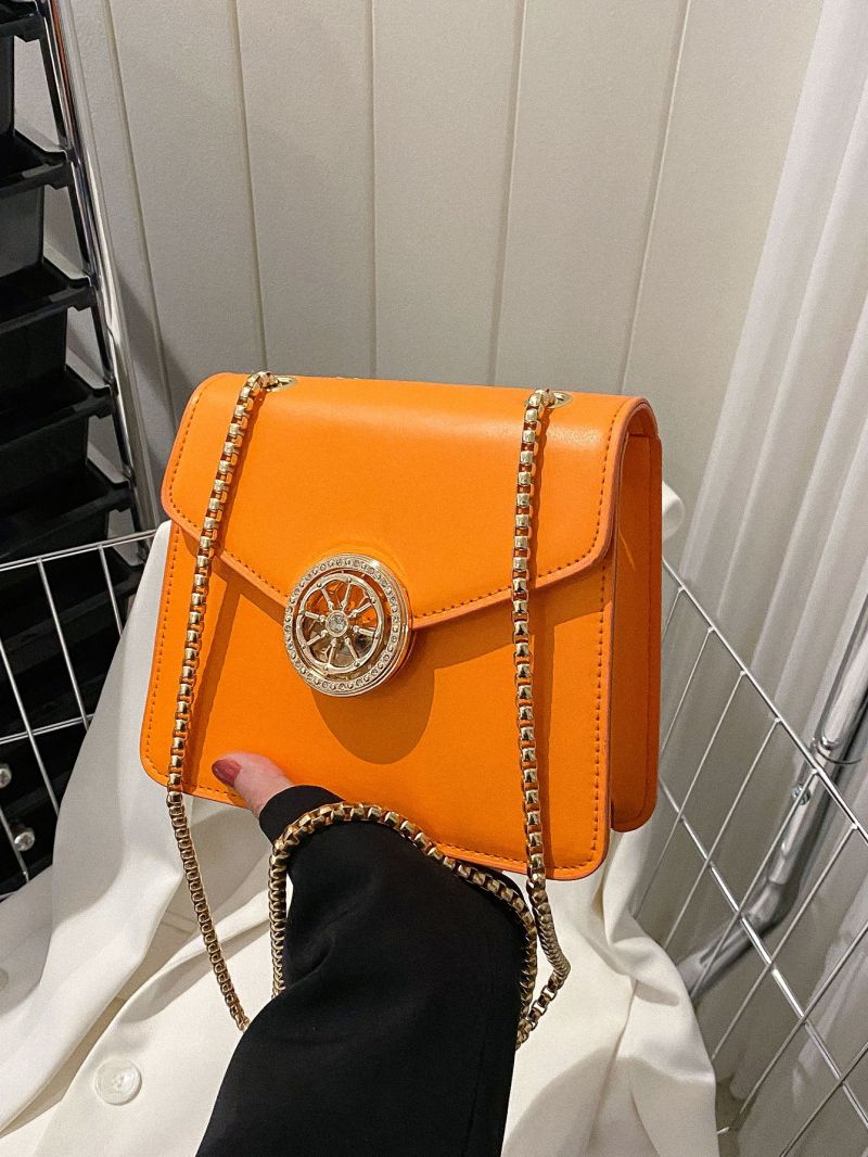 Mini Neon-Orange Square Bag Metal Decor Flap Crossbody Bag