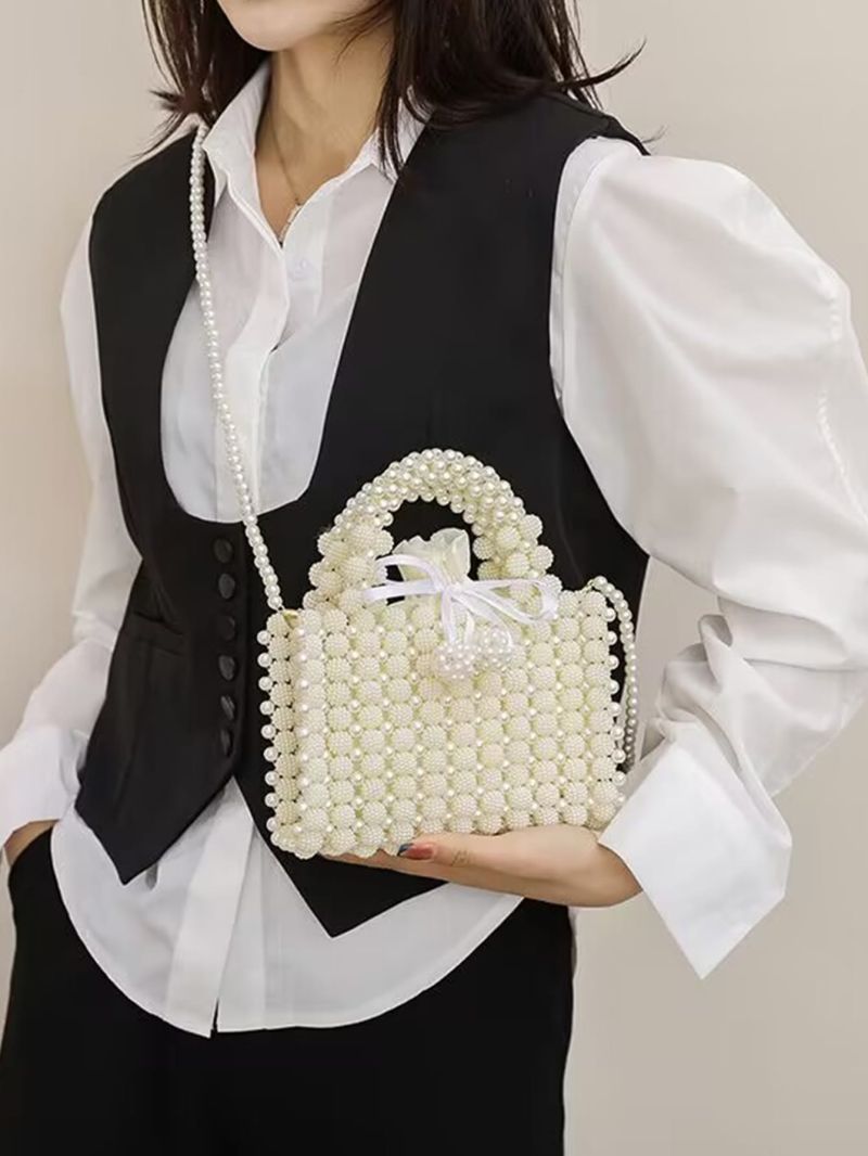 Mini Faux Pearl Decor Shoulder Bag Drawstring Square Bag