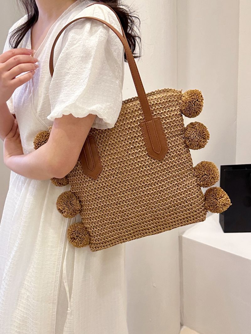 Pom Pom Decor Straw Bag