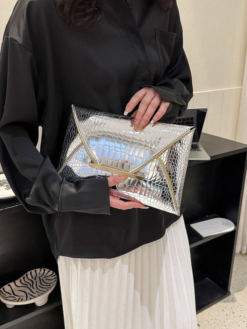 Metallic Crocodile Embossed Contrast Binding Envelope Bag