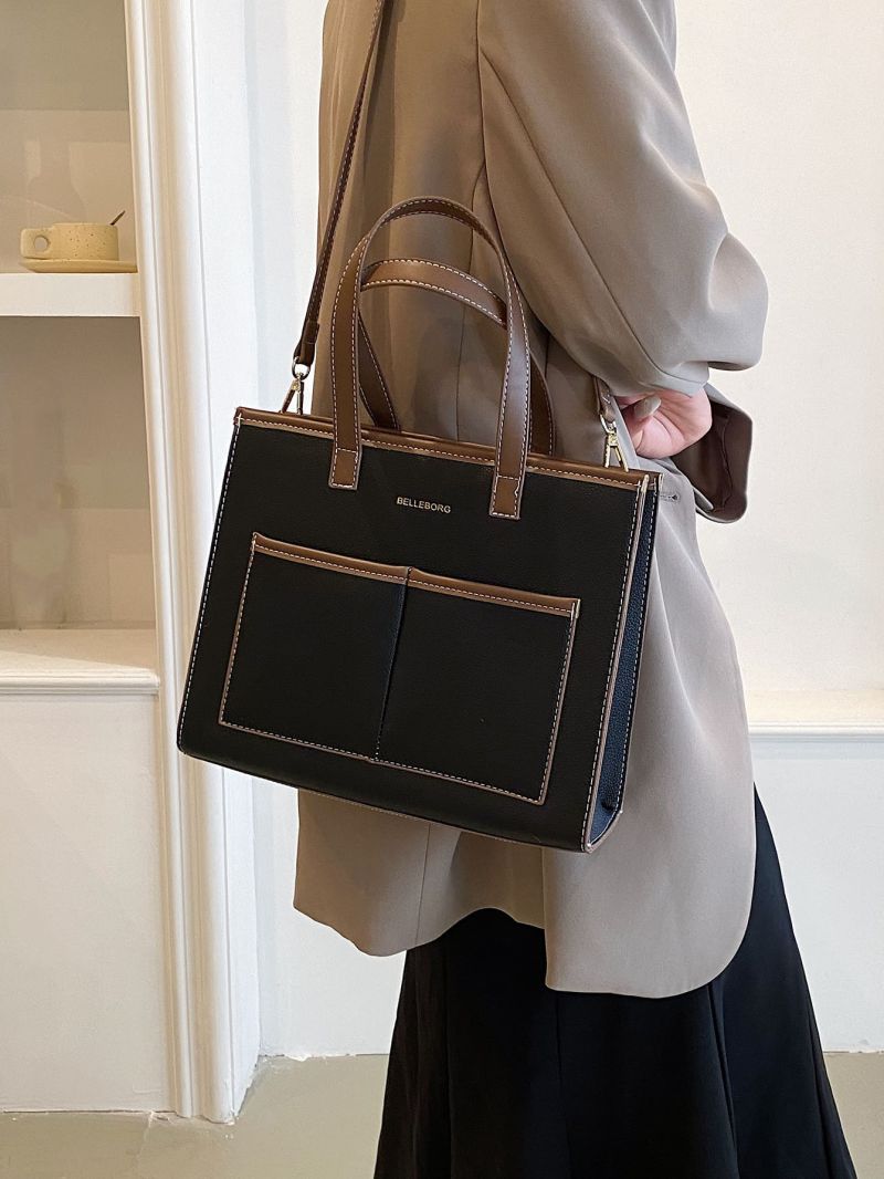 Contrast Binding Square Bag Double Handle Stitch Detail