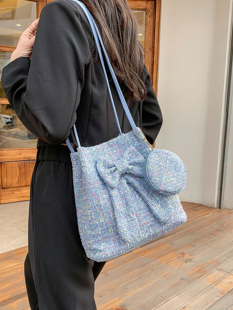 Bow Decor Square Bag Blue Shoulder Bag With Coin Purse