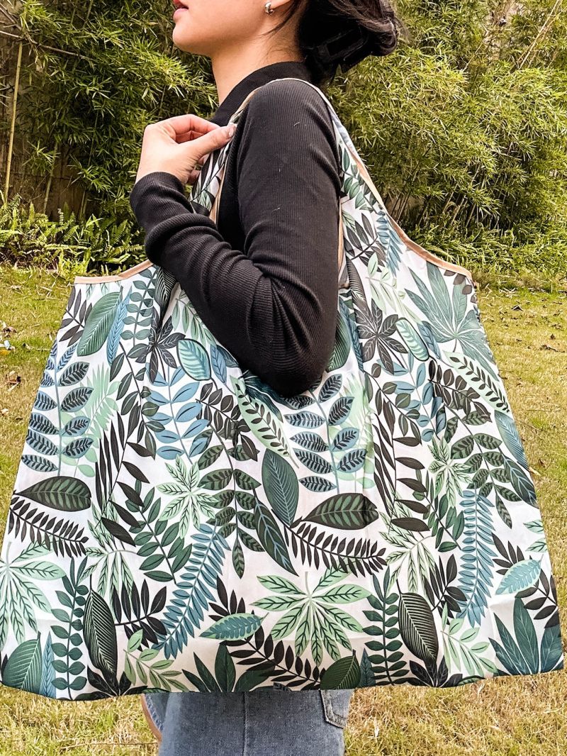 Plants Graphic Foldable Leaf Pattern Tote Bag, Large Capacity Shopping Bag Versatile Shoulder Bag