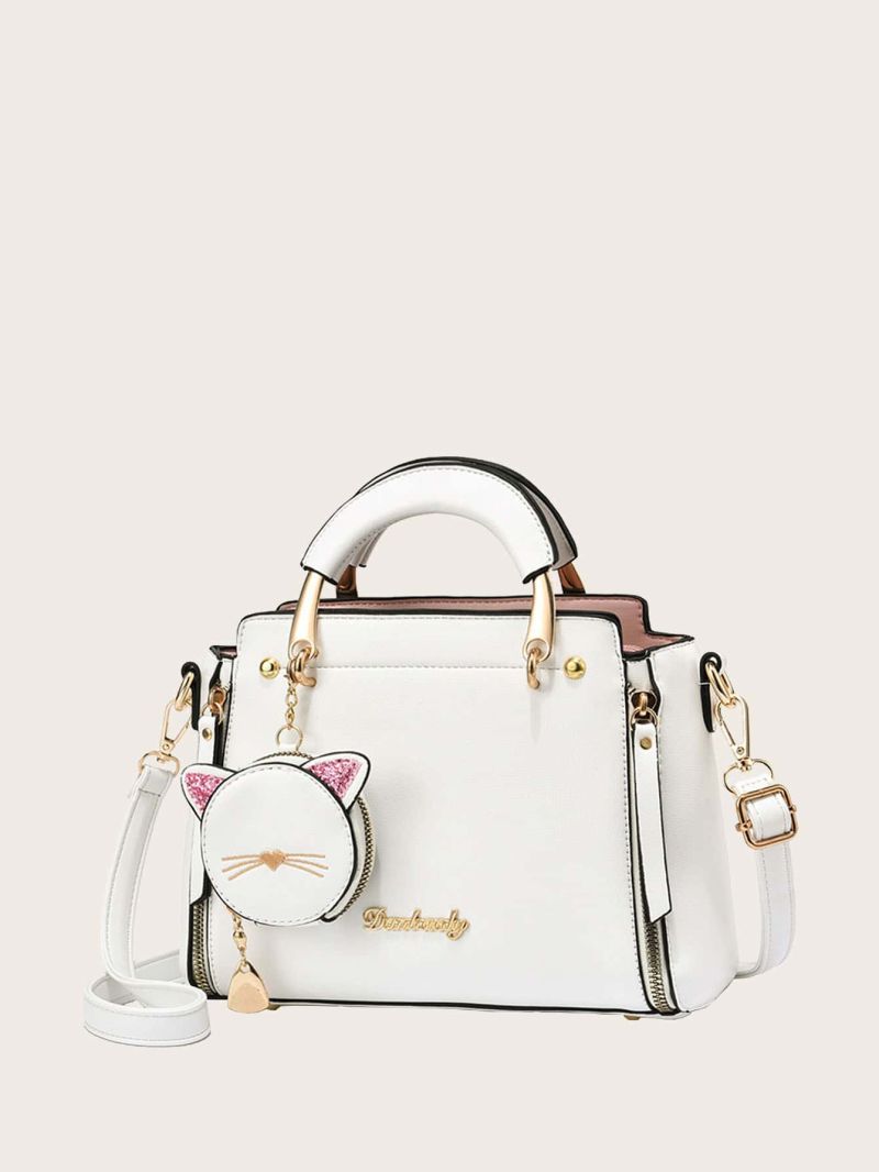 Letter Pattern Square Bag White Fashionable With Coin Purse For Daily Cute Letter Detail Handbag, Simple Double Handle Purse, Trendy Zipper Shoulder Bag With Adjustable Strap, Mothers Day Gift For Mom