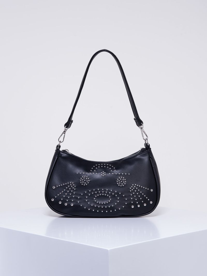 Studded Decor Shoulder Bag Black Hobo Bag For Punk
