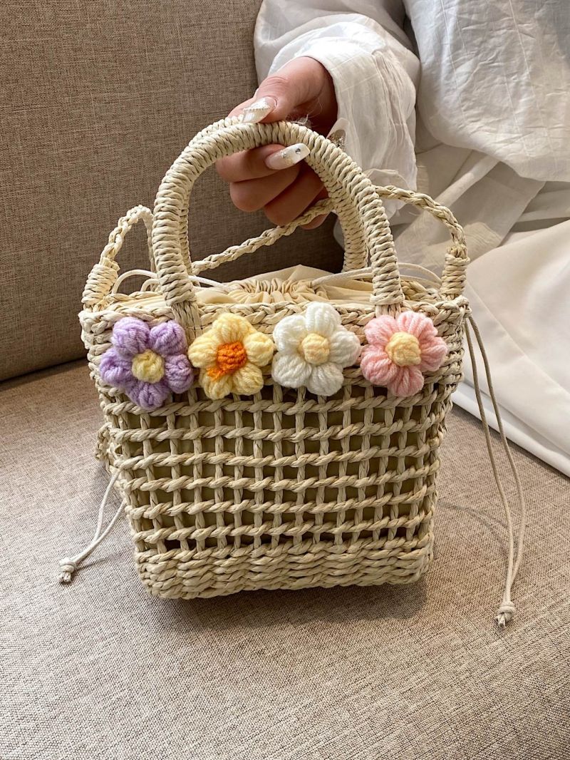 Mini Drawstring Design Satchels Bag Flower Decor Straw Bag For Vacation