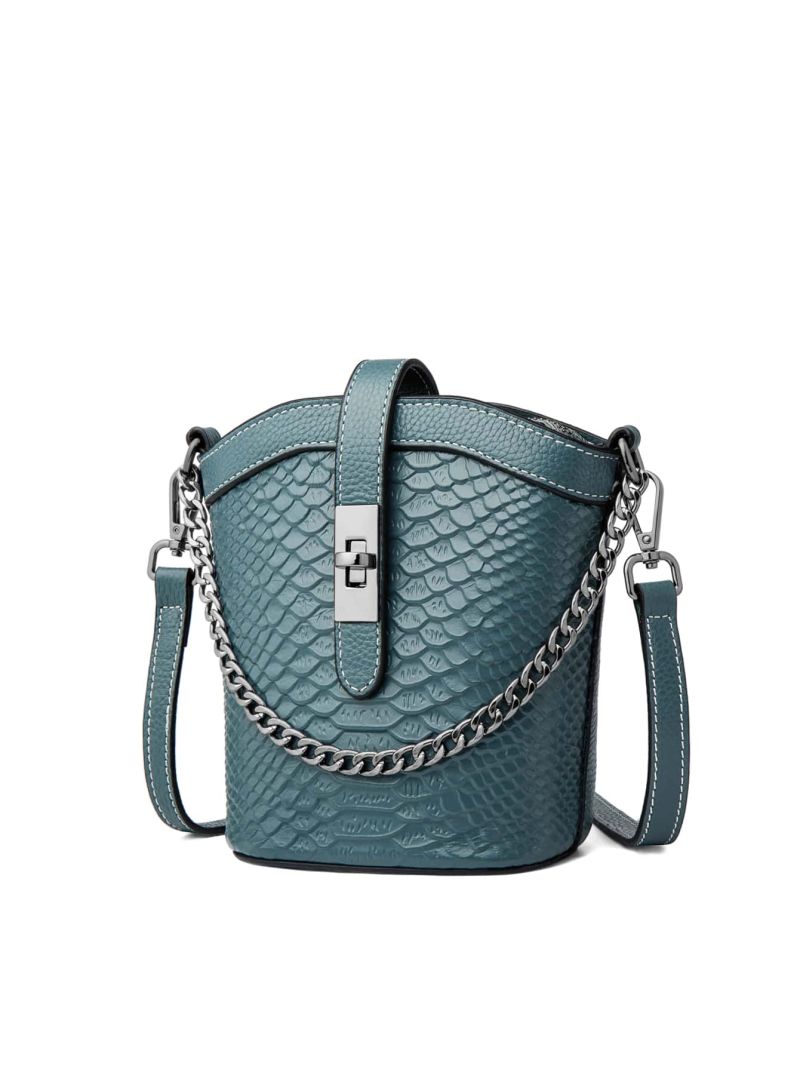 Genuine Leather Mini Crocodile Embossed Bucket Bag Chain Decor