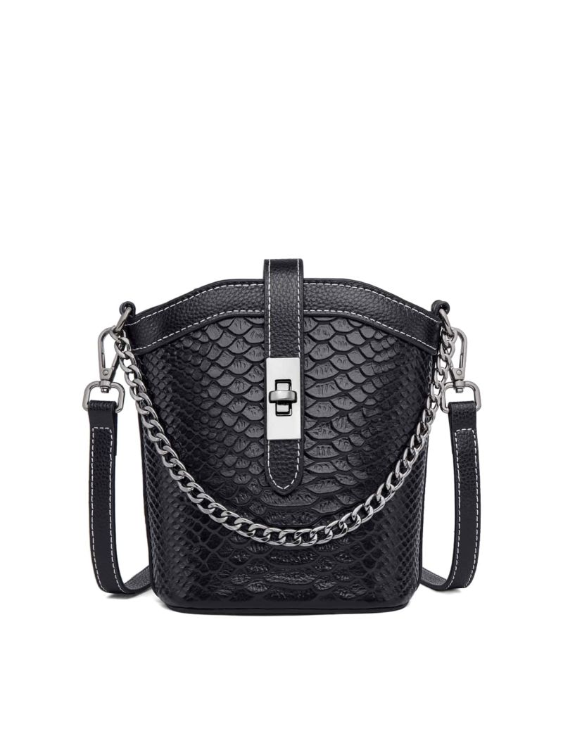 Genuine Leather Mini Crocodile Embossed Bucket Bag Chain Decor