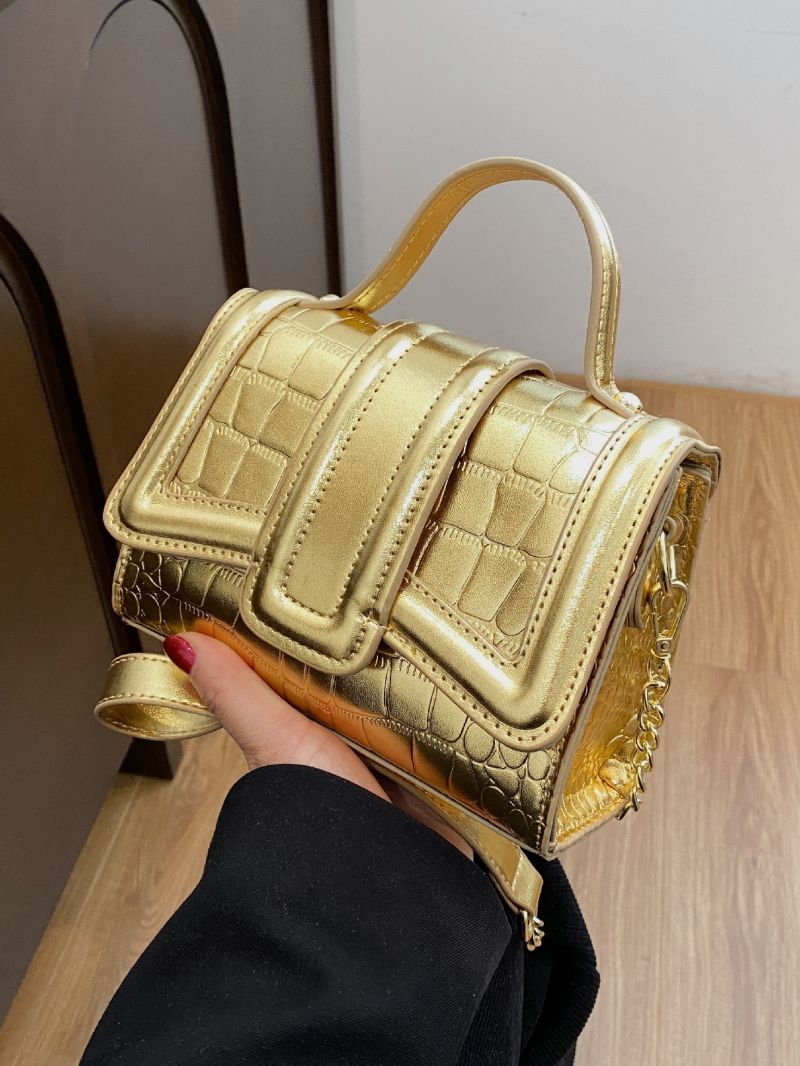 Mini Metallic Satchel Crocodile Embossed Flap Square Bag